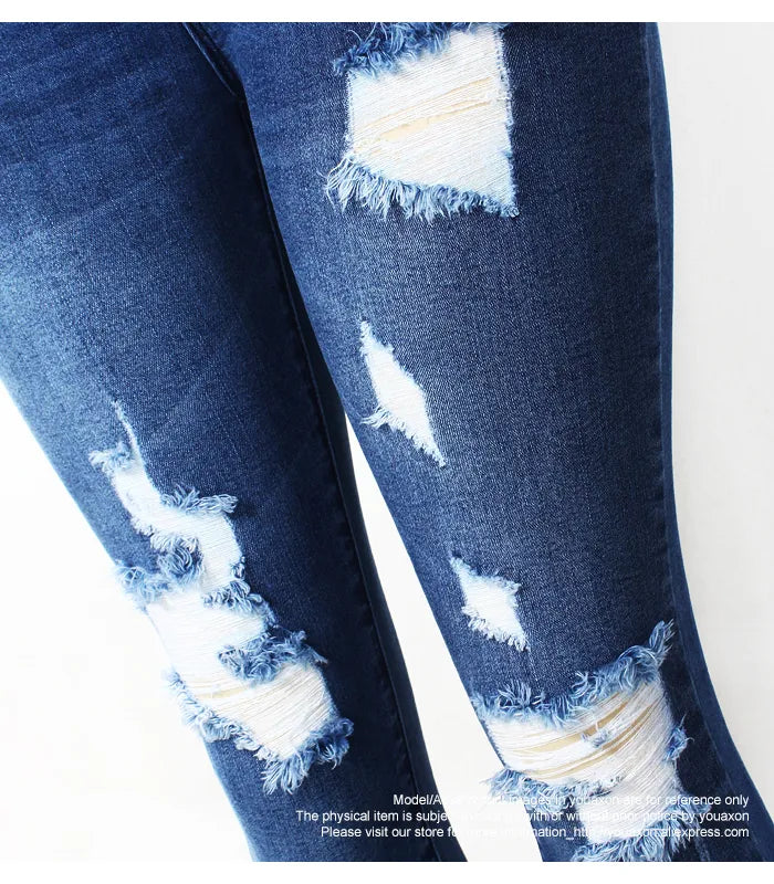 2127 Youaxon New S-XXXXXL Ultra Stretchy Blue Tassel Ripped Jeans Woman Denim Pants Trousers For Women Pencil Skinny Jeans