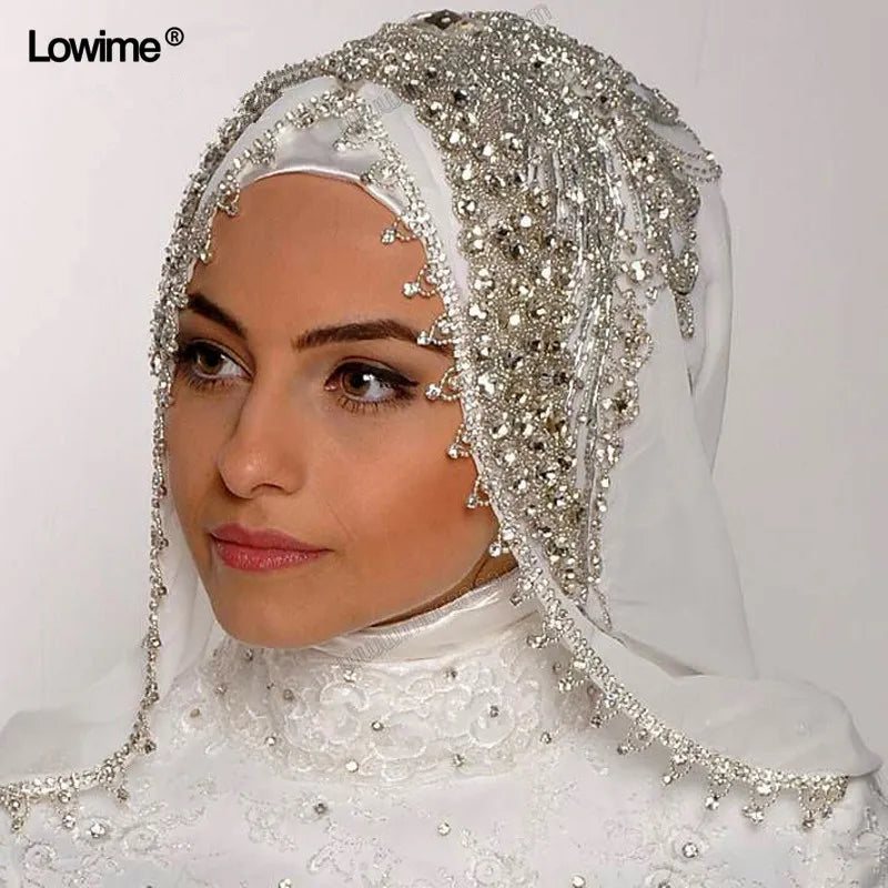 Luxury Sewing Beads Crystal Veils Custom Made Color Length Wide Muslim Veils Hijab One Layer Handy Made Wedding Veil LW-107