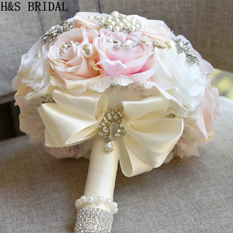 H&S BRIDAL Round Blush Wedding Bouquet Teardrop Butterfly Brooch Bouquet Alternative Cascading Bouquets Crystal Wedding Flowers