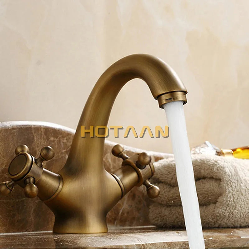 HOTAAN Solid Brass Bronze Double Handle Control Antique Faucet Kitchen Bathroom Basin Mixer tap Robinet Antique YT-5021