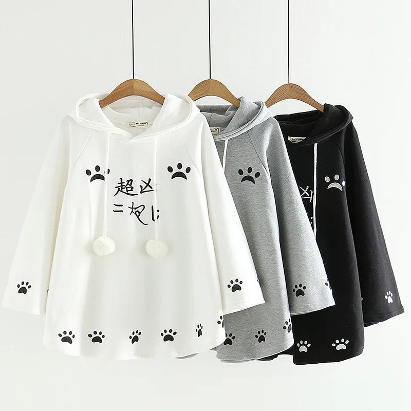 Fashion Women Kawaii Cat Ear Sweatshirt Japanese Cute Paws Girls Casual Outerwear Harajuku Cloak Fleece Loose Hooded Hoodies