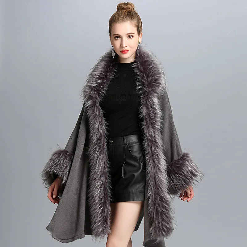 Fake Fur Coat Spring Lady Loose Gray Knitted Shawl Black Cardigan For Women Fashion Fake Fur Bat Sleeve Poncho And Cape Coat