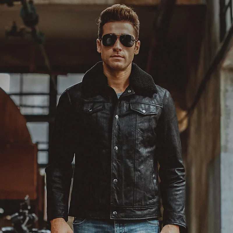 S-6XL Men's pigskin fur collar real leather jacket Genuine Leather warm jacket motorcycle coat men