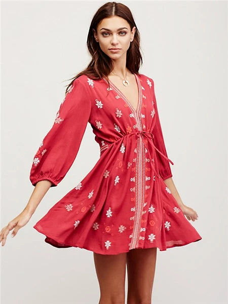 2023 New Sleeve with Belt Slim Mini Dresses Embroidery Pleated Short Dress V-neck Free Boho Style Dress Hippie People Vestidos