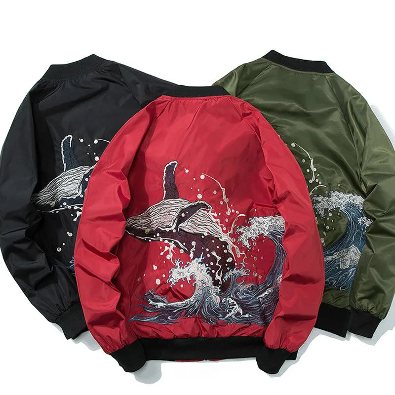 2018 Autumn Men Women Embroidery Baseball Jacket Whale Waves Fashion Hip Hop Couple Jacket Boys Hipster Streewear Windbreaker