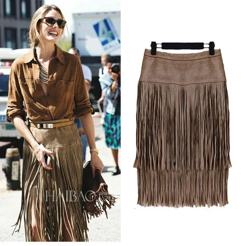 Fashion Vintage Skirts 2023 New Heavy Hierarchical High Waist Straight Leather Skirt Fringed Suede Tassel Saias Skirts Womens