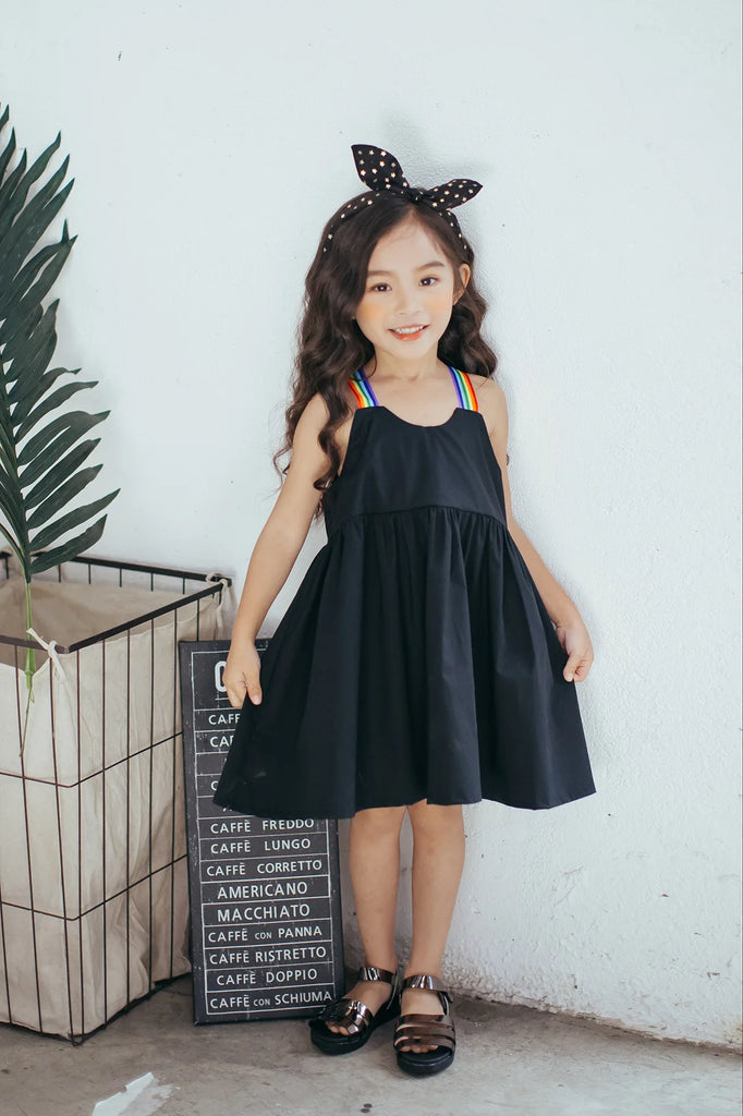 2022 New Arrival Children Clothing Girls Rainbow Strap Simply Black Cotton Dress Lovely Casual Kids Summer Dress