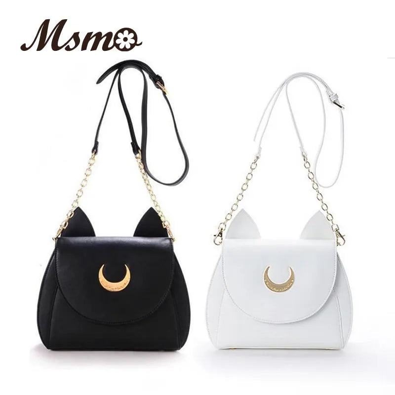 MSMO White/Black Sailor Moon Luna/Artemis Shoulder Bag Ladies Luna Cat Leather Handbag Women Messenger Crossbody Chain Small Bag