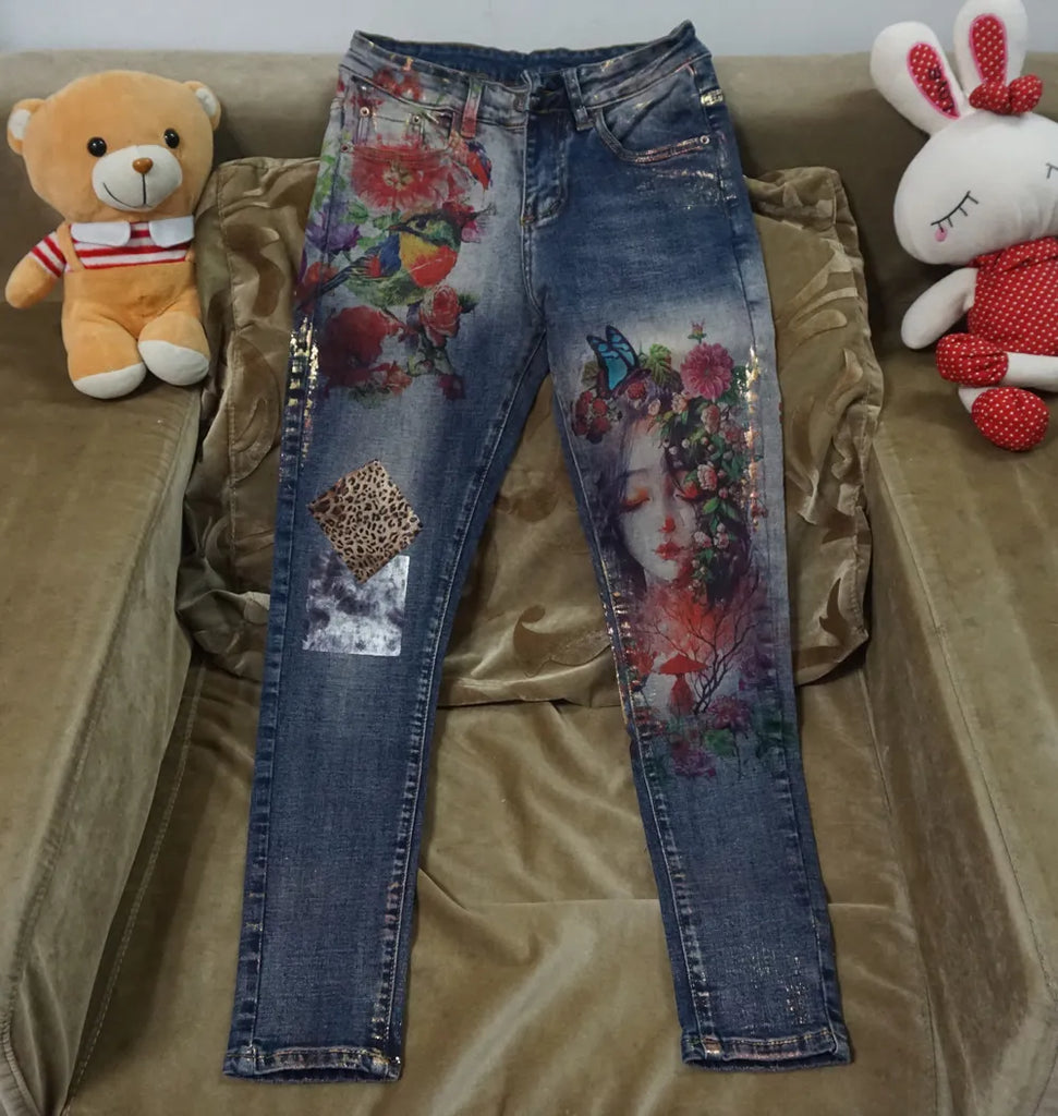 3D Stretchy Jeans With 3D Flowers Pattern Painted  Pencil Pants Woman Elegant Style Denim Pants Trousers For Women Jeans