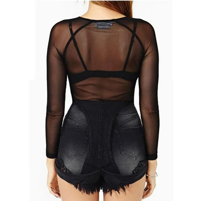 Hot New 2022 Spring Summer Womens Long Sleeve Sexy Black Mesh Top T Shirts Transparent Punk Club Streetwear Tees Beach Tops