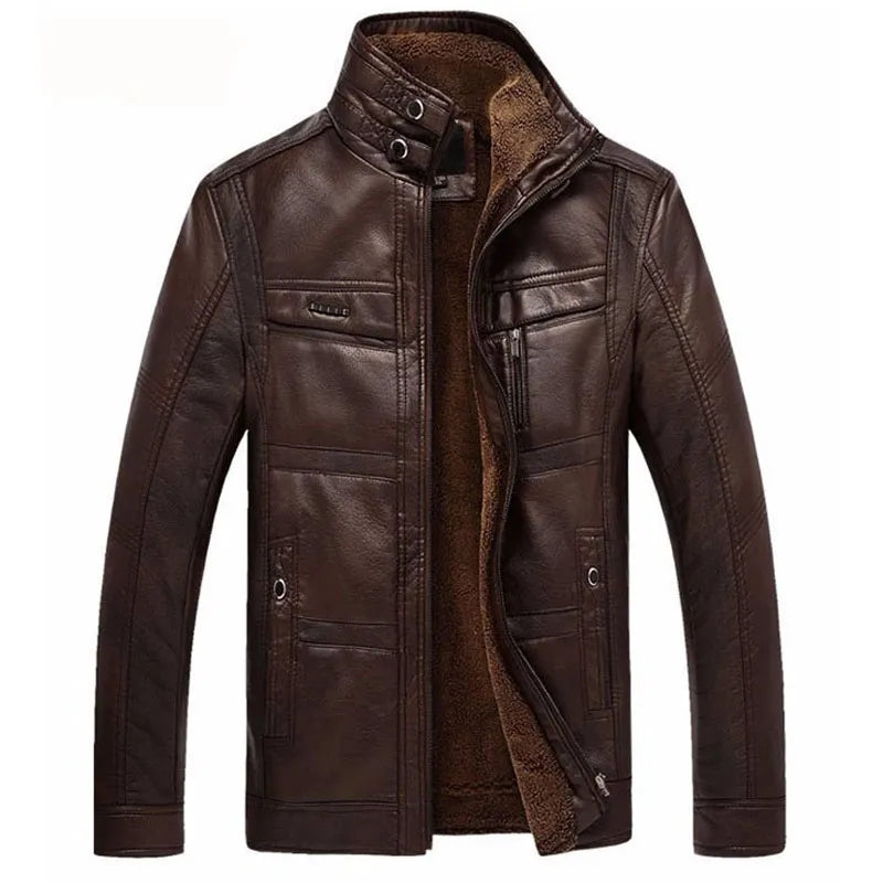 DIMUSI Leather Jacket Men Winter Leanther Jacket Solid Thick Coat Male Thermal Fleece Casual Stand Collar Clothing 5XL,YA512