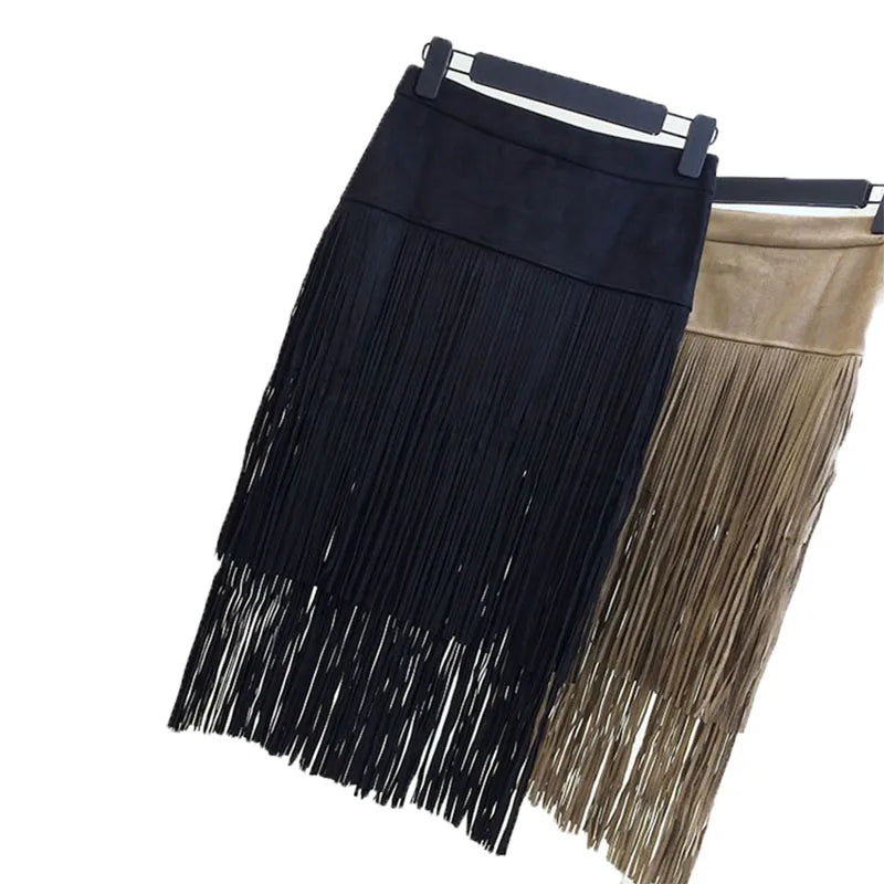 Fashion Vintage Skirts 2023 New Heavy Hierarchical High Waist Straight Leather Skirt Fringed Suede Tassel Saias Skirts Womens