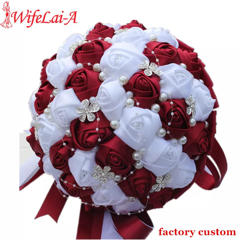 WifeLai-A Ramos De Novia Burgundy Red White Crystal Bridal Bouquet Custom Artificial Flower Bridesmaid Wedding Bouquet W224A-2