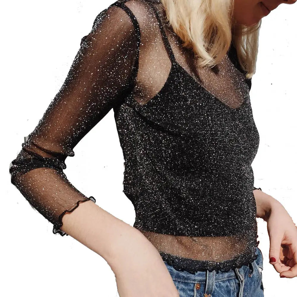 Sexy Mesh Shiny Long Sleeve T Shirt Women Spring Transparent Club Party Black Tee Shirts Sexy Thin O Neck Short Tops