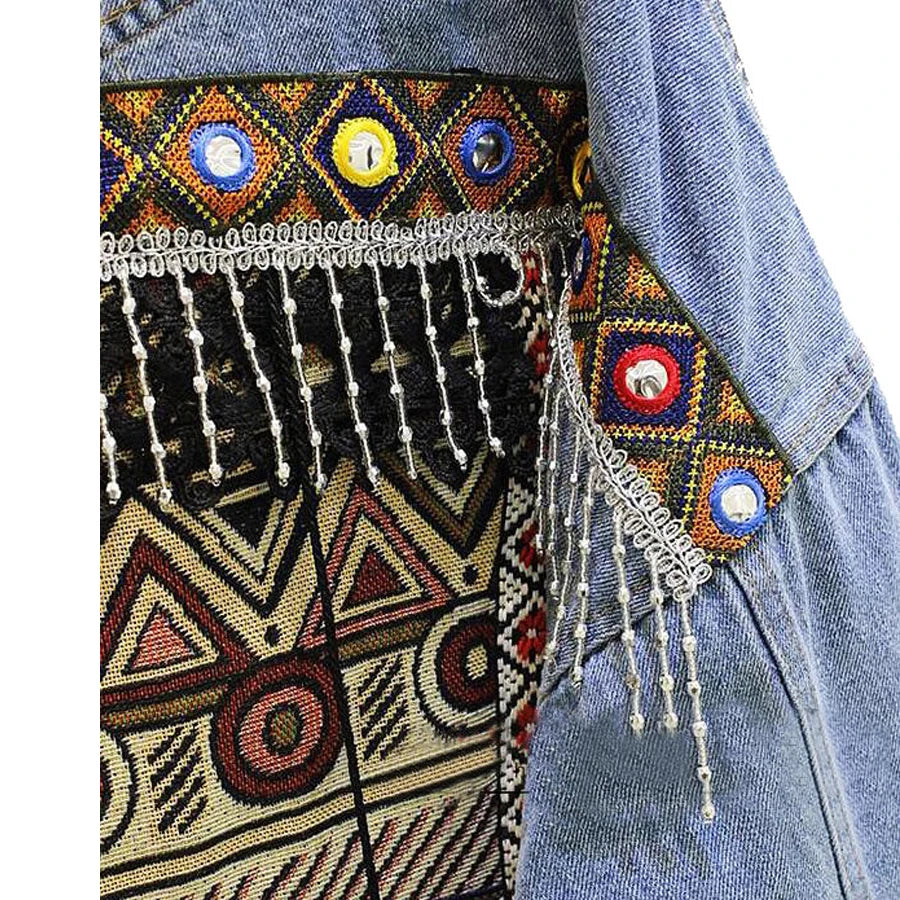 TEELYNN Denim female jacket autumn vintage ethnic appliques Embroidery tassel loose coat long sleeve Outerwear jacket for women