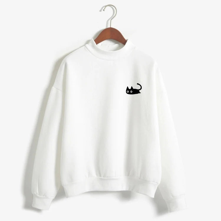 Kpop Autumn Casual Harajuku Kawaii Black Cat Sweatshirts Women Long Sleeve Turtleneck Tops Pullover Funny Cartoon Print Hoodies