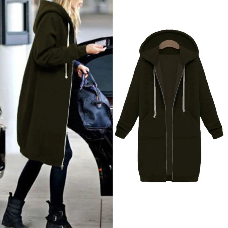 HGTE Autumn Winter Coat Women 2020Fashion Casual Long Jacket With Hooded Zipper Hooded Sweatshirt Vintage Outwear Coat Plus Size