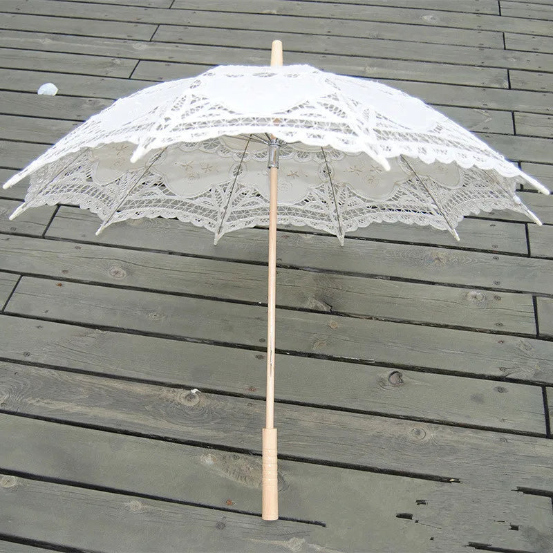 New Sun Umbrella Cotton Embroidery Bridal Umbrella White Ivory Battenburg Lace Parasol Umbrella Decorative umbrella for wedding