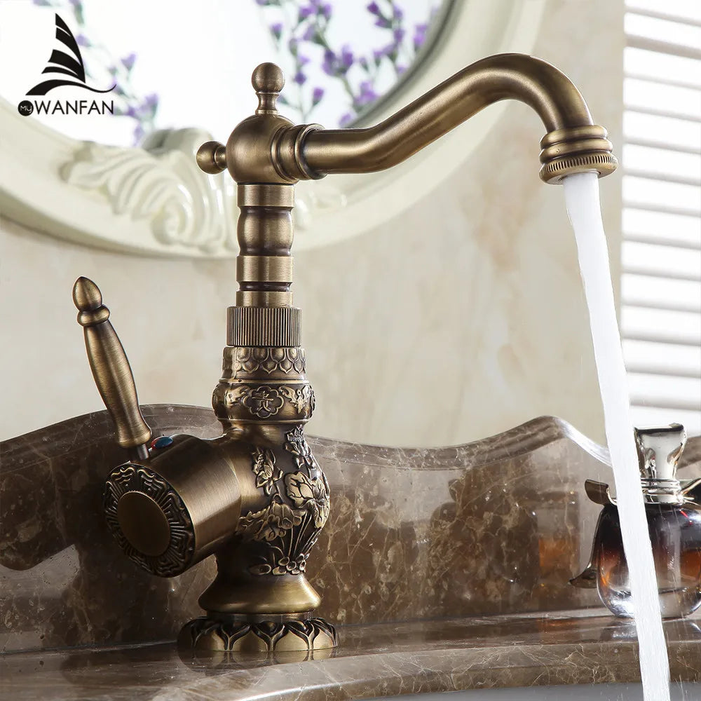 Basin Faucets Antique Brass Bathroom Faucet Grifo Lavabo Tap Rotate Single Handle Hot and Cold Water Mixer Taps Crane AL-9966F