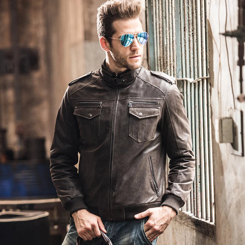 Men's pigskin motorcycle real leather jacket padding cotton winter warm coat male Genuine Leather jacket