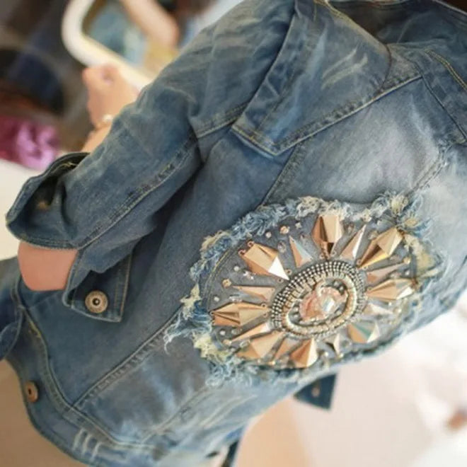 Women Short Cowboy Coats Leisure Outwear Slim Diamonds Half sleeve Women's Denim Blue Jacket Coat Holes Jean Jackets