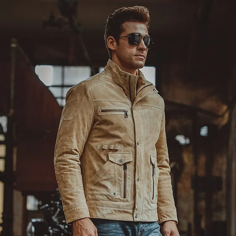 S-6XL Men's pigskin beige real leather jacket Motorcycle Genuine Leather jackets winter coat men