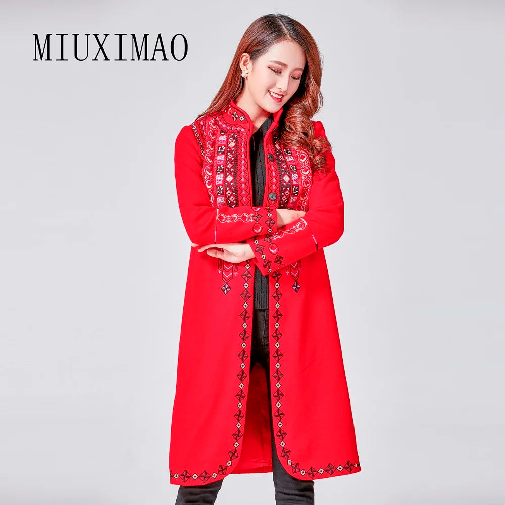 2020Autumn & Winter New Arrival Best Quality Mandarin Collar Single Breasted Full Sleeve Embroidery Print Warm Long Coat Women