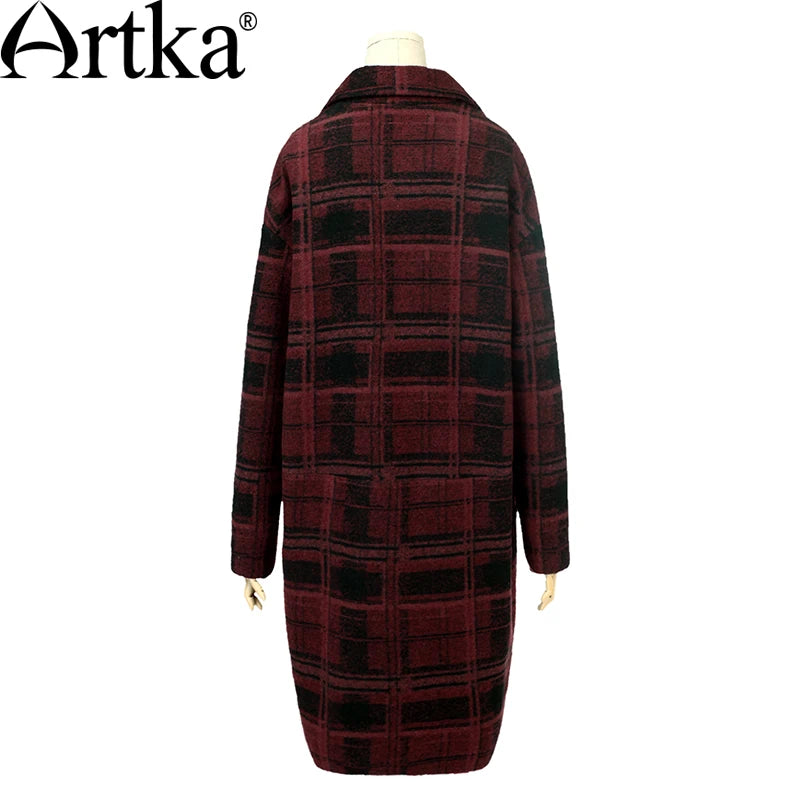 ARTKA Women's Autumn New Plaid All-match Woolen Coat Vintage TUrn-down Collar Drop-shoulder Sleeve Double Breasted Coat FA10868Q