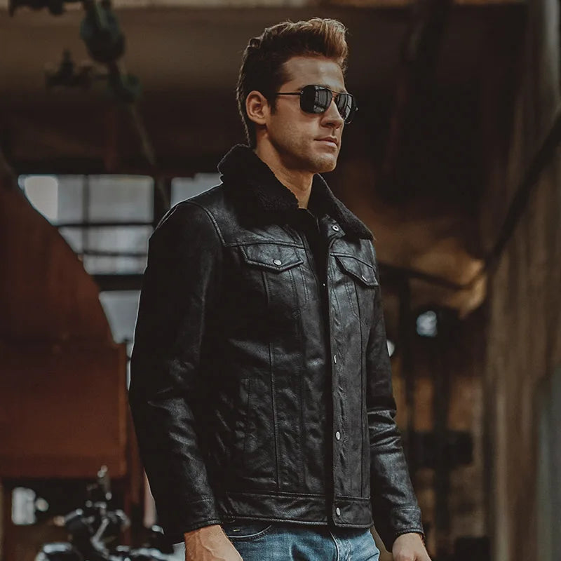 S-6XL Men's pigskin fur collar real leather jacket Genuine Leather warm jacket motorcycle coat men