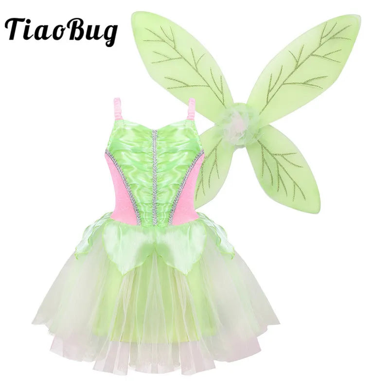 TiaoBug Kids Girls Princess Fairy Costume Sleeveless Mesh Dress Glittery Wings Set Children Halloween Cosplay Party Dress Up