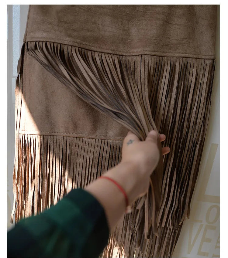 Fashion Vintage Skirts 2023 New Heavy Hierarchical High Waist Straight Leather Skirt Fringed Suede Tassel Saias Skirts Womens