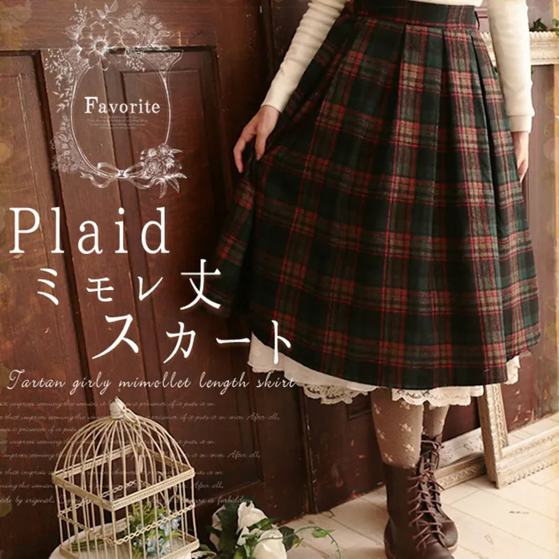 Japanese Mori Girl Spring Vintage Plaid Skirt Women Clothing Retro Mid Calf Harajuku Elastic Waist Female Lovely Skirts V052