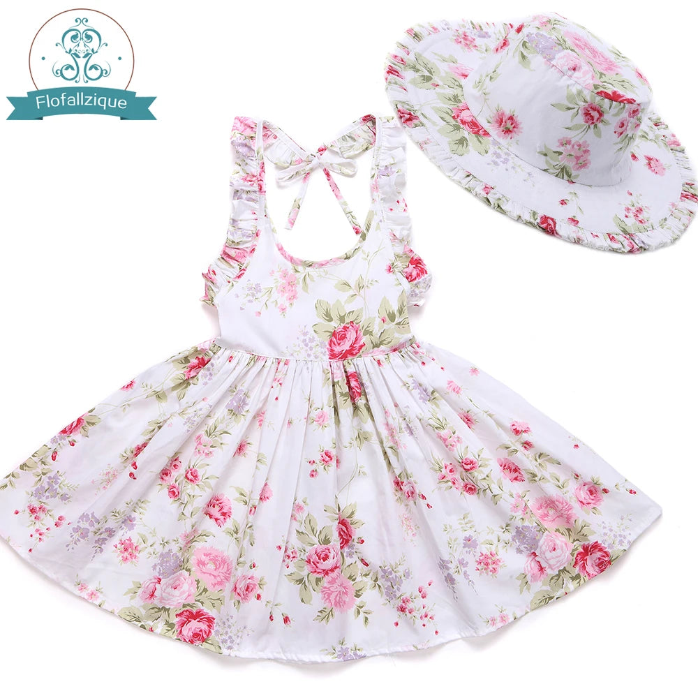 Baby Girls Dress with Hat 2018 Brand Toddler Summer Kids Beach Floral Print Ruffle Princess Party Clothes 1-8Y