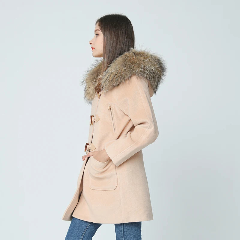 autumn winter coat women 2022 new Horn Button Wool Woolen Thicken coat with natural real big raccoon fur Hooded casaco feminino