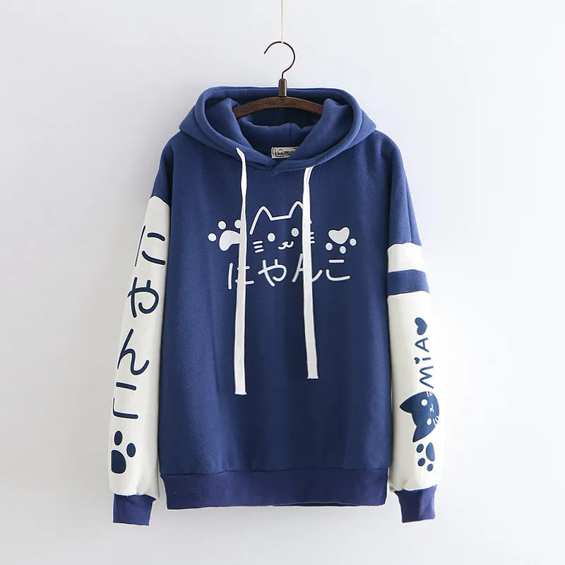 Japanese Kawaii Pink Sweatshirt Women Harajuku Anime Cat Clothes Mori Girl Preppy Warm Lovely Cute Paw Graphic Pullover Moletom