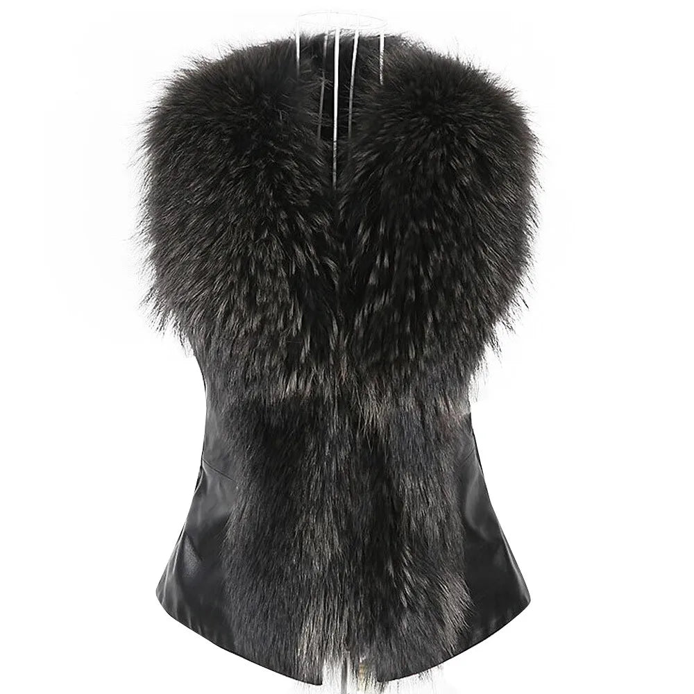 Women Faux Fur Vest Fashion Faux PU Leather Winter Body Warm Sleeveless Jackets Women Artificial Fur Collar Coat Waistcoat Gilet