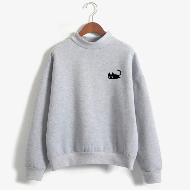 Kpop Autumn Casual Harajuku Kawaii Black Cat Sweatshirts Women Long Sleeve Turtleneck Tops Pullover Funny Cartoon Print Hoodies