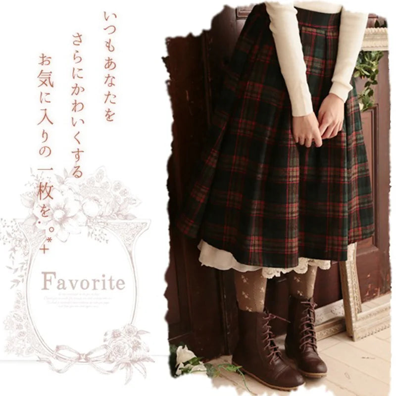 Japanese Mori Girl Spring Vintage Plaid Skirt Women Clothing Retro Mid Calf Harajuku Elastic Waist Female Lovely Skirts V052