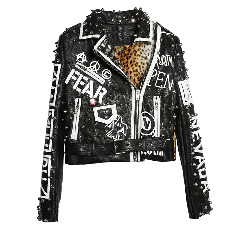 S-XL New Fashion brand rivet beading Pu leather jacket  Ladies Basic Street Women Leopard Short PU Leather Jacket wj1261