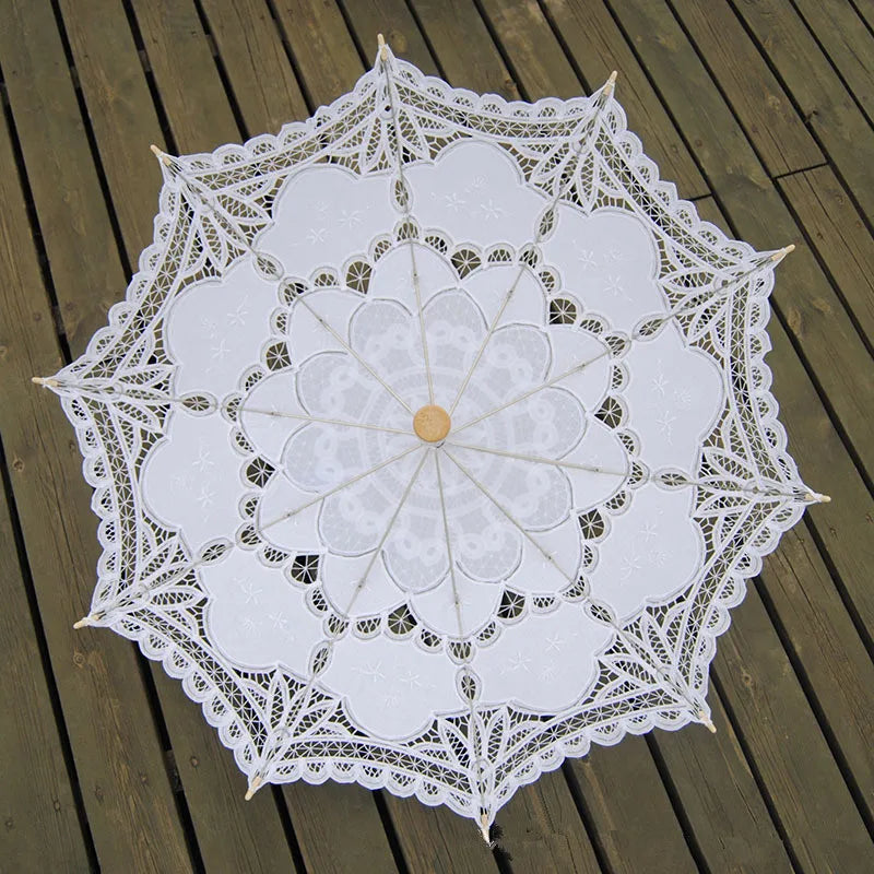 New Sun Umbrella Cotton Embroidery Bridal Umbrella White Ivory Battenburg Lace Parasol Umbrella Decorative umbrella for wedding