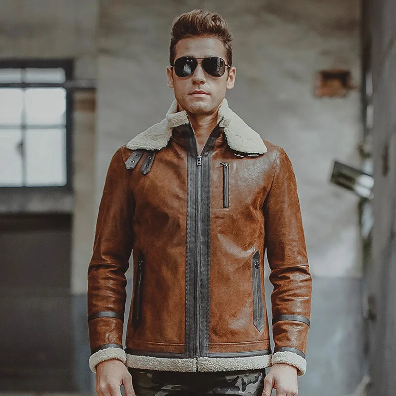 Men's real leather jacket motorcycle pigskin Genuine Leather jackets with faux shearling liner winter warm coat men