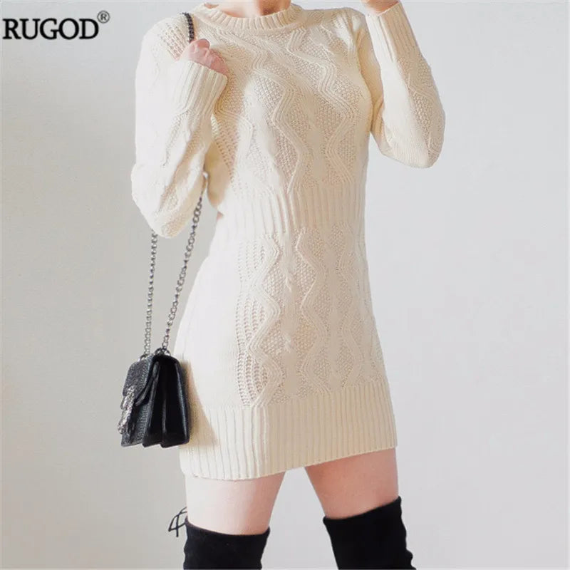 RUGOD 2021 Spring New Twist Pattern Warm Dress Women Long Sweater Dress Sexy Slim Bodycon Dresses Elastic Knitted Dress Vestidos