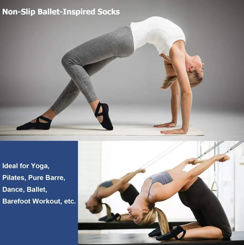 Yoga Socks for Women Non-Slip Grips &amp; Straps, Bandage Cotton Sock, Ideal for Pilates Pure Barre Ballet Dance Barefoot Workout