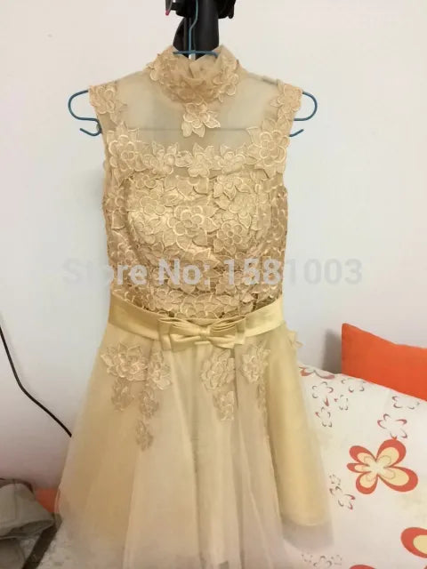 Robe De Soiree 2023 golden Short Lace Evening Dresses gowns Banquet Vintga High Neck vestido de festa Prom Dresses party dress