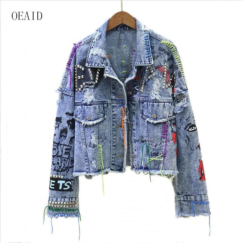 New Women's Denim Jacket Coat 2023 Spring Jean Jackets Women Coats Female Denim Jacket Graffiti Rivet Jacket Girl Outerwear Blue