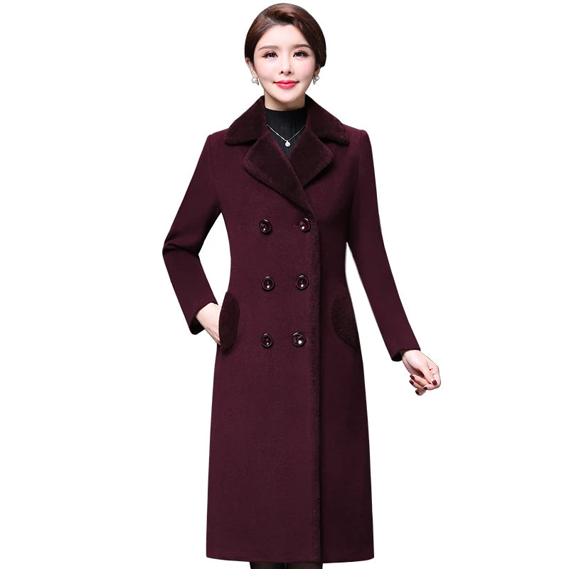 M-5XL Women Wool Blends Coat Autumn Winter 2023 Fashion Mother Thicken Cashmere Collar Long Jacket Slim Tops Outerwear Female