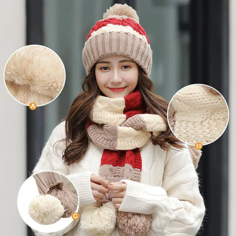 NEW Women's warm winter knitted Beanies hat Hat+scarf+gloves three-piece suit knit Bonnet Beanie Caps Outdoor Riding Sets