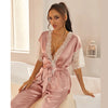 Contrast Lace Scallop Trim Belted Satin Top &amp; Long Pants Women&#39;s Sleepwear Pajamas Set Soft Nightwear