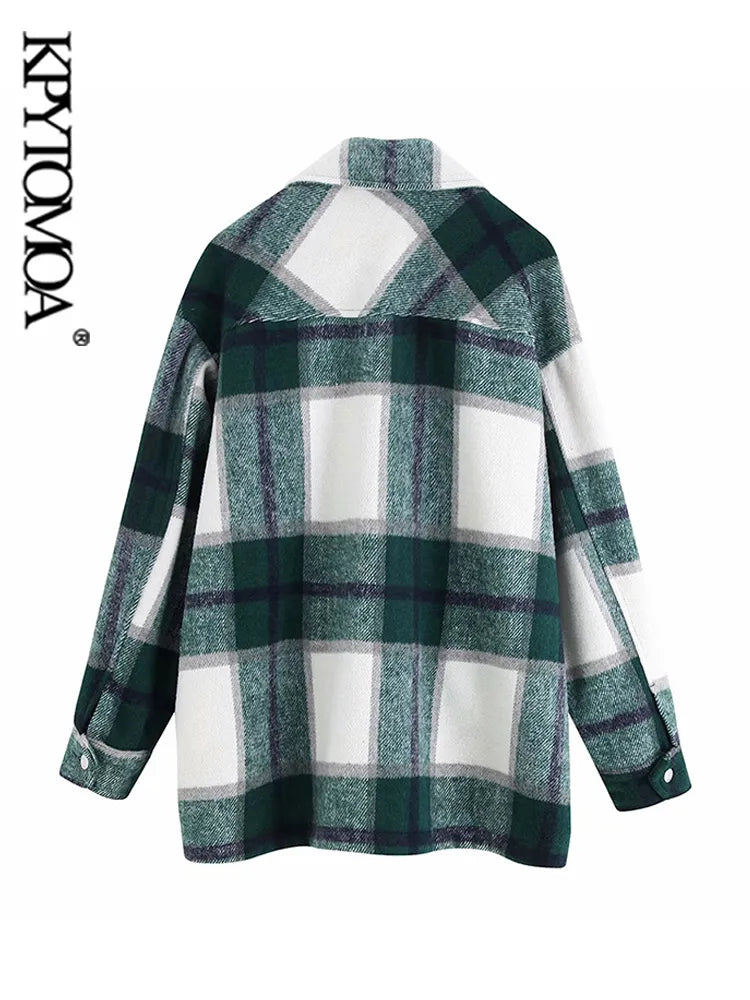 Vintage Stylish Pockets Oversized Plaid Jacket Coat Women Fashion Lapel Collar Long Sleeve Loose Outerwear Chic Tops