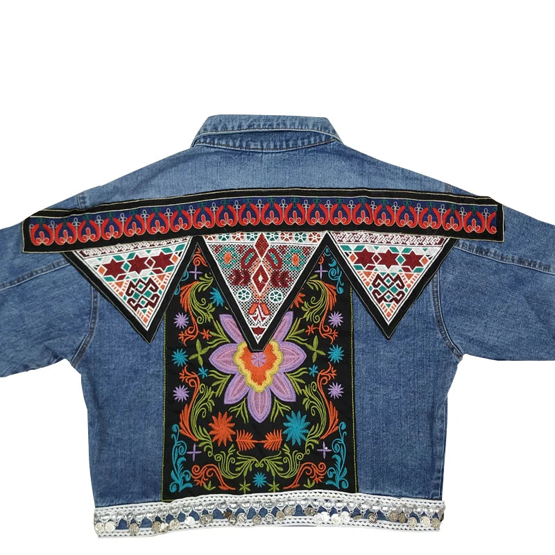 TEELYNN boho Denim jacket for women autumn floral appliques Embroidery vintage coat long sleeve Outerwear female jacket coatee